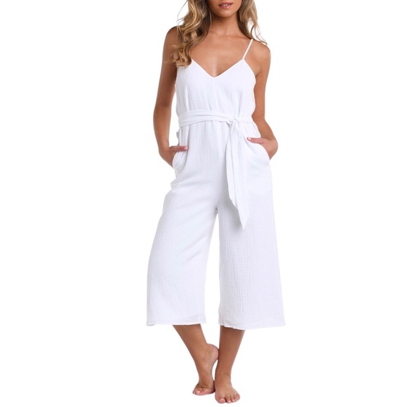 La Blanca Pants - La Blanca Seaside White Gauze V Neck Cover Up Belted Jumpsuit Size Medium